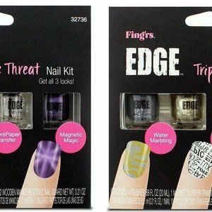 2 Kits Fing'rs Edge Triple Threat Nail Kits Marbling Newspaper Transfer Magnetic